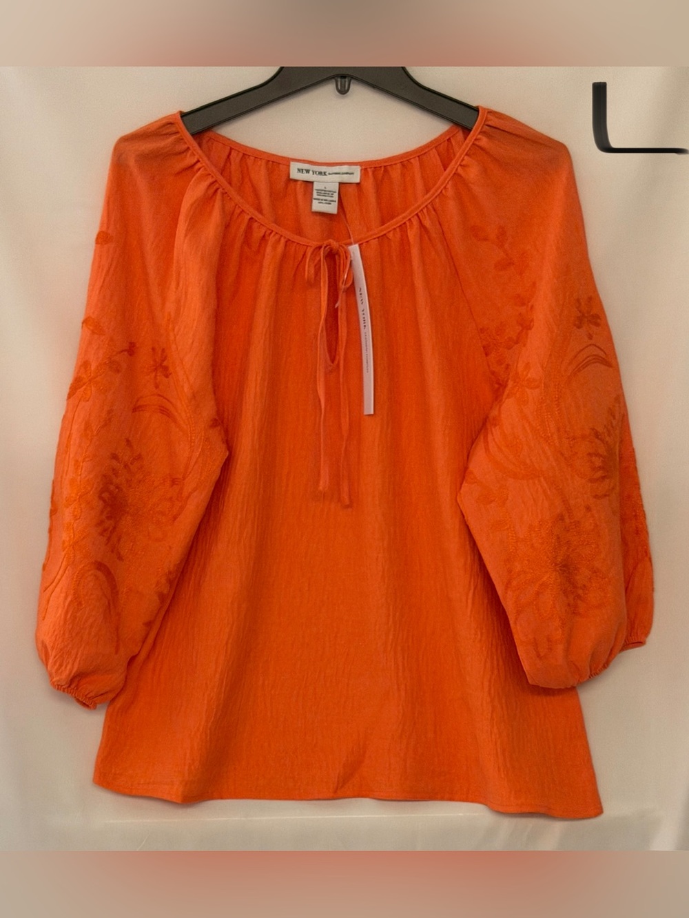 New York & Company Orange Embroidered Peasant Blouse